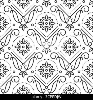 Geometric seamless vintage pattern with floral motifs, elegant swirls. Delicate ornate thin line art retro luxury background. Repeating monochrome ornamental flourishes dots and fine design details Stock Vector