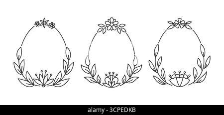 Floral egg shaped outline frame with leaves branches berries blossoms. Three oval black line border forms decorated top and bottom by cute minimalistic flowers, thin curved stems, botanical accents Stock Vector