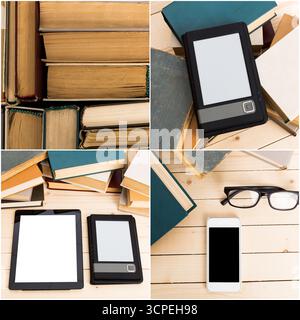 Reading materials and digital devices on a wooden table with scattered books Stock Photo