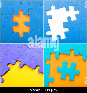 Colorful puzzle pieces scattered on a table awaiting assembly in a bright room Stock Photo