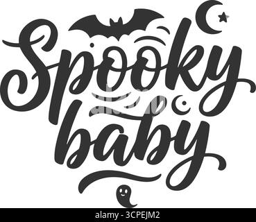 The words 'spooky baby' are written in a decorative font, with a bat, ghost, and crescent moon as symbols of Halloween season. Stock Vector
