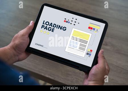 Tablet showing landing page UI for website SEO optimization, conversion funnel, lead capture; clear UX and CTA, wireframe modules, responsive layout; Stock Photo