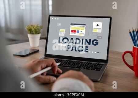 Landing page website SEO optimization with conversion funnel, lead capture, UX and CTA design on laptop screen; wireframe layout, content modules, res Stock Photo