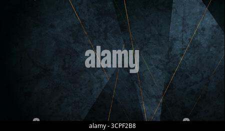 Dark blue grunge low poly abstract background with golden lines. Retro geometric vector design Stock Vector