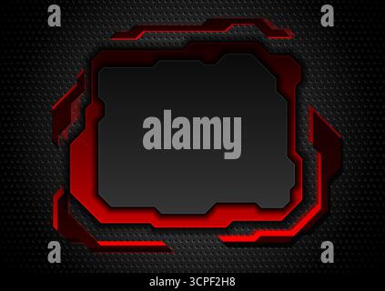Black perforated metal texture background with red tech frame. Geometric vector design Stock Vector