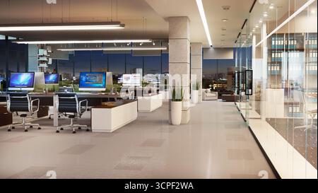 Modern Open Plan Office Interior at Night with Desks, Computers, and Panoramic City View from High-Rise Building Stock Photo