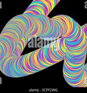 Abstract vibrant 3D twisted wave shape with gradient colors on a black background. Glowing retro vector design Stock Vector