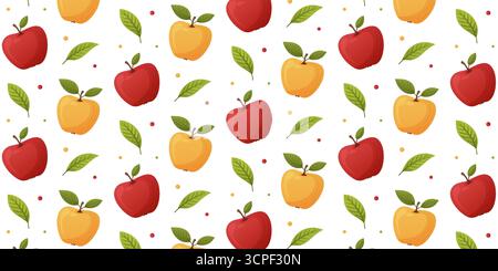Fruit pattern of red and yellow apples with green leaves and dots. healthy organic fruit design Stock Vector