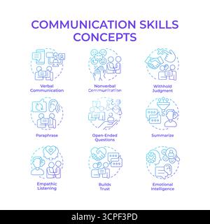 Communication skills blue gradient concept icons Stock Vector