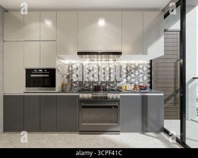 Stylish and Compact Modern Kitchen Interior with Two-Tone Cabinetry, Patterned Backsplash, and Stainless Steel Appliances Stock Photo
