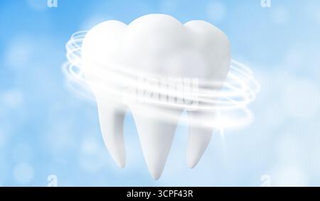 Clean white tooth surrounded by swirling motion lines on blue background - realistic dental molar with protective circular effect. Healthcare dentistry illustration for oral hygiene medical design Stock Vector