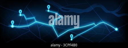 Futuristic GPS network with neon map and blue route for navigation technology. Landscape top view with glowing paths and location pins. Digital wayfinding interface for tracking or logistics systems. Stock Vector