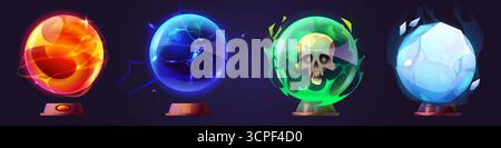 Magic crystal balls set isolated on background. Vector cartoon illustration of spooky fortunetelling spheres decorated with fire, lightning bolts, human skull, ice, fantasy witchcraft game assets Stock Vector