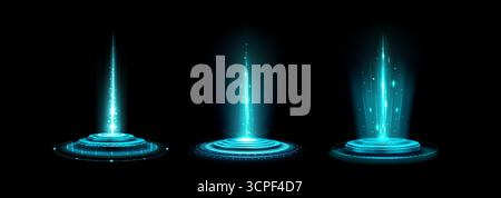 Futuristic AI portal with blue energy beams and circular platforms for sci-fi concepts. Glowing holographic gates with light rays and particles. Digital teleportation or data transfer visualization Stock Vector