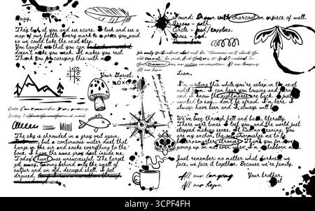 Handwritten travel notes on white paper background. Vector realistic illustration of abstract text scribbles, cursive scripts icons on diary page, vintage letter, old message written with black ink Stock Vector