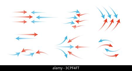 Warm and cold air flow signs set isolated on white background. Vector realistic illustration of red blue arrows moving in different directions, conditioning system technology, cooling heating icons Stock Vector