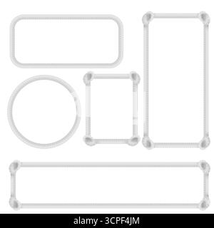 White rope frame borders with knot corners isolated on white background for nautical or marine decoration. Braided cord rectangles and circle with twisted texture for sailing or maritime design. Stock Vector