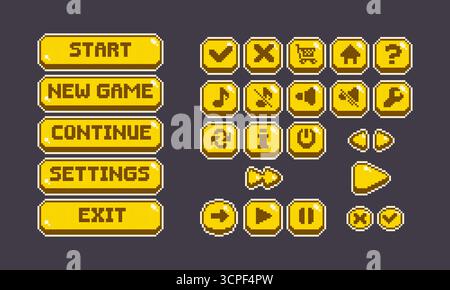 Pixel game button collection with 8 bit icon ui interface retro style - menu elements for start, continue, settings and exit options. Square controls with symbols. Classic arcade design assets. Stock Vector