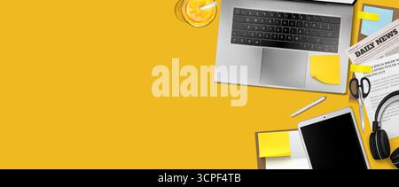 Modern office desk top view with laptop and tablet, newspaper, headphones and orange juice on bright yellow background. Workspace arrangement with sticky notes, pen and scissors for professional tasks Stock Vector