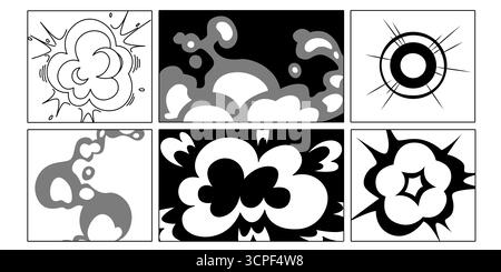 Manga explosive effect panels with burst clouds, smoke rings and impact radiations in storyboard grid layout. Black and white compositions with dynamic action sequences or comic book battle scenes. Stock Vector