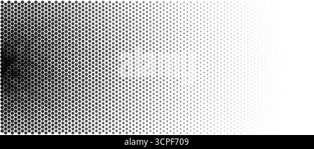 Hexagon halftone honeycomb, left dense, right fade, gradient vibe. Abstract grid background, data theme. Use banner, website header, slide, print Stock Vector