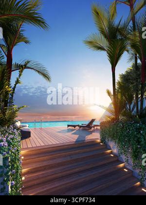 Tropical Sunset View from Deck Steps to Infinity Pool and Ocean Stock Photo