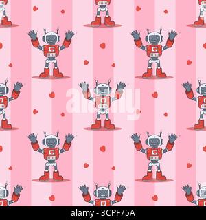 Seamless pattern Futuristic Romantic Robot on striped pink background with hearts. Virtual Technology in love Assistant. Vector illustration. Not AI Stock Vector