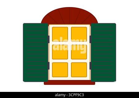 Illustration of a cozy window with open green shutters and bright golden light glowing from inside, isolated on white background. Perfect for Christma Stock Vector