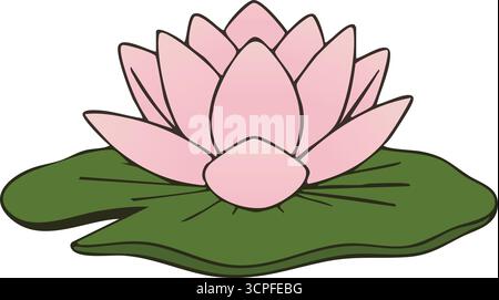 A serene pink lotus flower resting on wide green lily pads rendered in clean botanical style Stock Vector