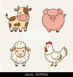 A simple collection of a spotted cow a pink pig a fluffy sheep and a white chicken arranged in two rows Stock Vector