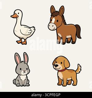 A friendly farmyard grouping featuring a white goose a brown donkey a gray rabbit and a small tan puppy on a light background Stock Vector
