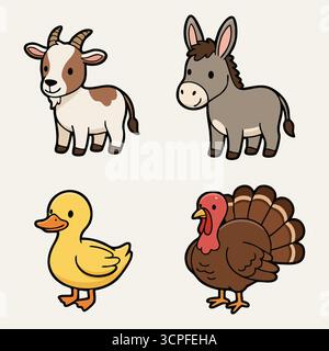 A quartet of farm creatures showing a bearded goat a gray donkey a yellow duckling and a brown turkey Stock Vector