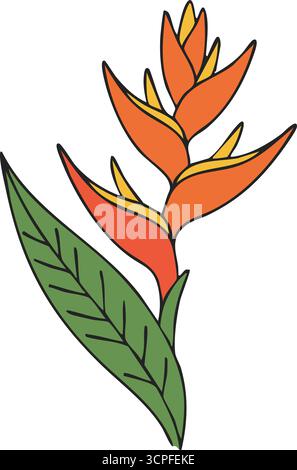 A stylized heliconia stalk bearing orange bracts beside a single textured green leaf Stock Vector