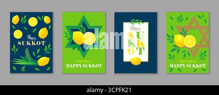Happy Sukkot 2025 creative greeting posters set. Translation - Happy Sukkot. Vector illustration with etrog and lulav for Jewish Feast of Tabernacles Stock Vector