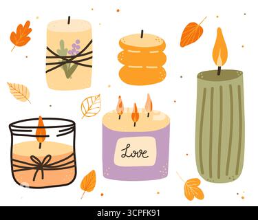 Various autumn Candles. Different shapes and sizes. Decorative fall wax candles with leaves and autumn elements. Vector illustration Stock Vector
