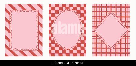 Retro pink and red frames with scalloped lace borders on striped, checkered, plaid patterns. Hand drawn doodle style backgrounds for Valentine Stock Vector