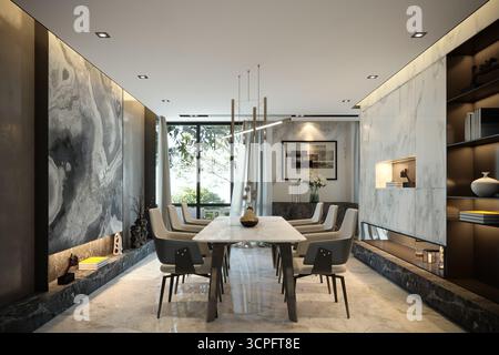 Luxurious Modern Dining Room with Abstract Marble Feature Walls and Linear Pendant Light Stock Photo