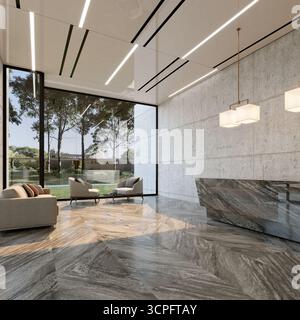 Striking Modern Office Lobby or Hotel Reception with Marble Desk, Designer Lighting, and Full-Height Windows Stock Photo
