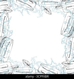 Ice pop stick dessert popsicle in cooling waters splashes, waves and drops with mint leaves. graphic square border frame illustration hand drawn in Stock Vector