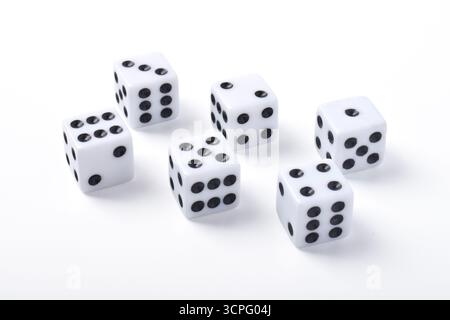 Six clean dices with Numbers 1, 2, 3, 4, 5, 6, isolated on white background Stock Photo