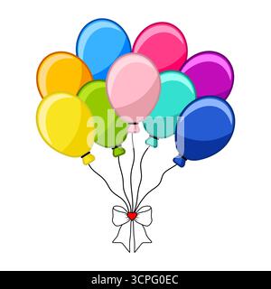 Colorful Balloon Bouquet with Ribbon. Vector Illustration. A festive balloon bouquet tied together with a ribbon and a small red heart in the center. Stock Vector
