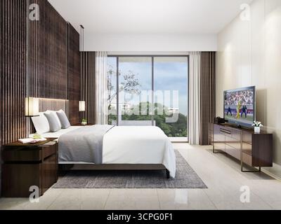 Minimalist Modern Luxury Bedroom with Wood Slat Feature Wall and Scenic Window View Stock Photo