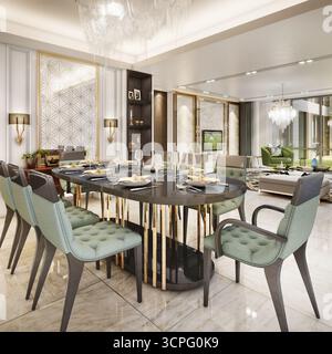 Opulent Luxury Dining Room with Contemporary Green Velvet Chairs, Black and Gold Table, and Crystal Chandelier Stock Photo