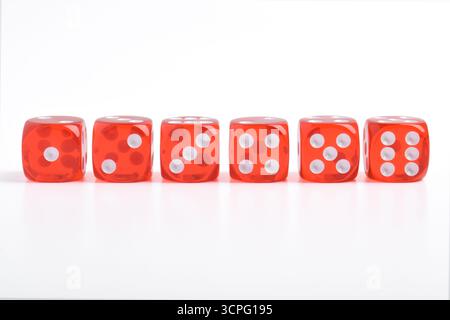 Set of red gambling dice with Numbers 1, 2, 3, 4, 5, 6, isolated on white background. Front view Stock Photo