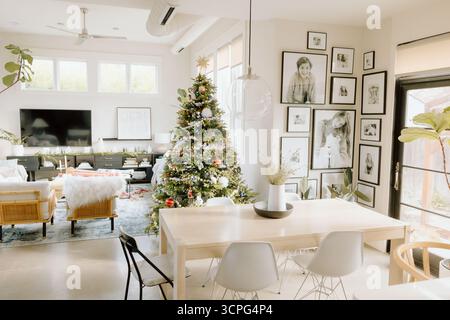 Modern living room interior decorated with christmas tree Stock Photo