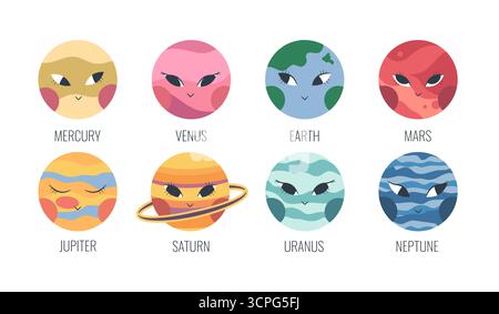 Cartoon Solar system planets in boho style. Hand drawn planets, Sun and Moon isolated on white background. Vector illustration Stock Vector