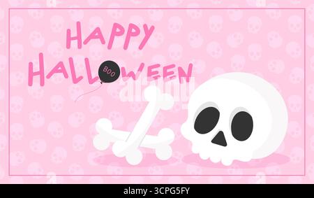 Halloween greeting banner with a cartoon human skull and bones. Vector illustration Stock Vector