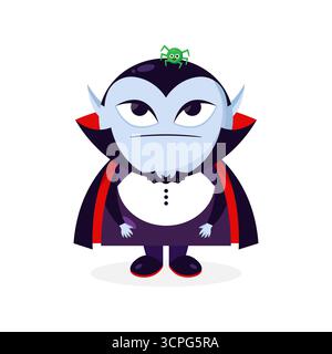 Cute cartoon Dracula vampire with a spider on his head. Dracula character. Vector illustration Stock Vector