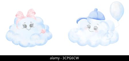 A cloud in a blue cap with balloon and cloud with a pink bow and a lollipop. watercolor illustration. A set of funny clouds with smiles and eyes, isol Stock Photo