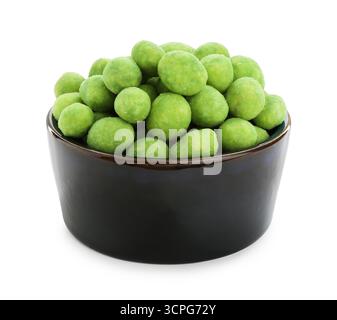 Delicious wasabi coated peanuts in bowl isolated on white Stock Photo